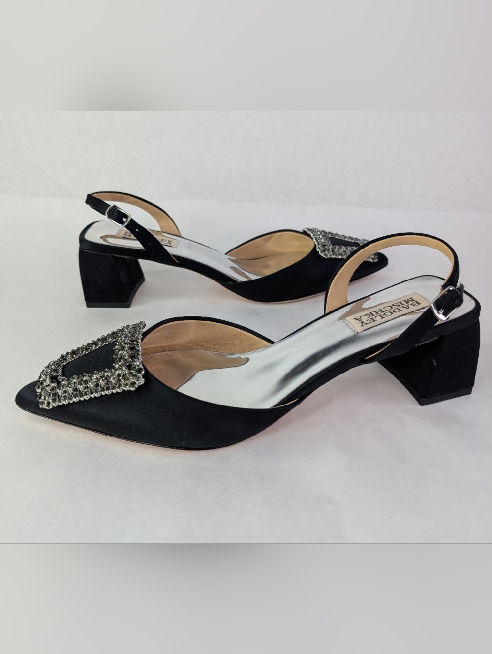 Badgley Mischka Black Satin Pointed Slingback Square Heels Crystal Buckle 7.5 - Picture 3 of 9